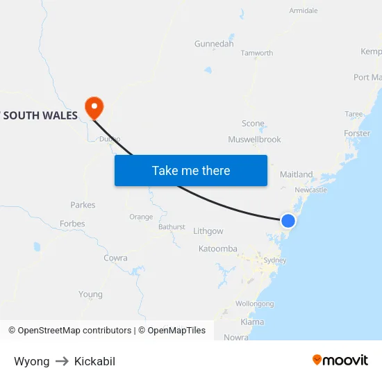 Wyong to Kickabil map
