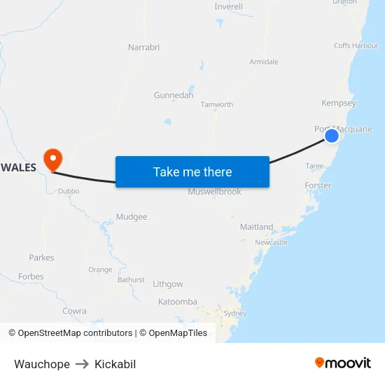 Wauchope to Kickabil map