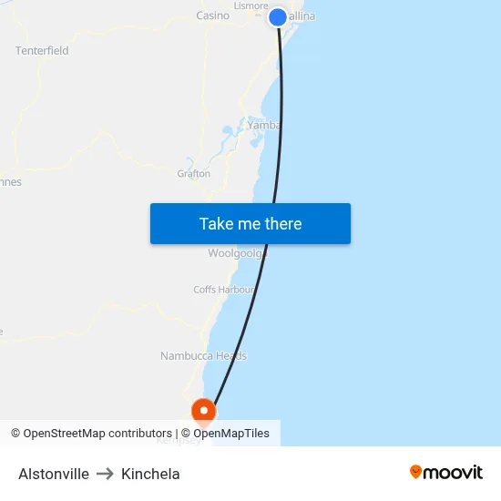 Alstonville to Kinchela map