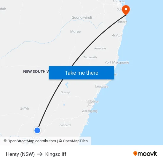 Henty (NSW) to Kingscliff map