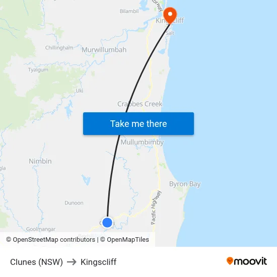 Clunes (NSW) to Kingscliff map