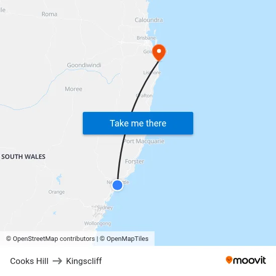 Cooks Hill to Kingscliff map
