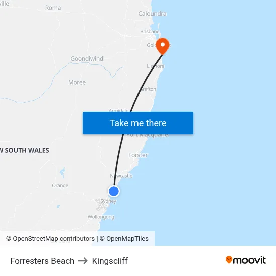 Forresters Beach to Kingscliff map