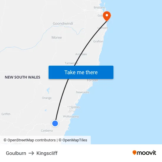 Goulburn to Kingscliff map