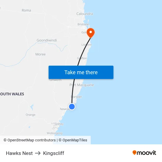 Hawks Nest to Kingscliff map
