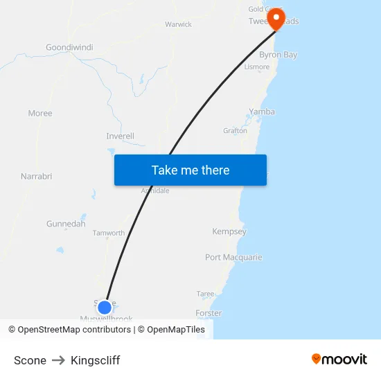 Scone to Kingscliff map