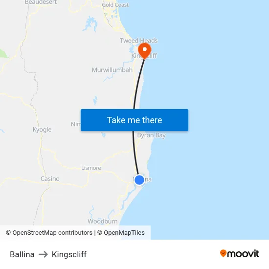 Ballina to Kingscliff map
