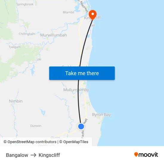 Bangalow to Kingscliff map