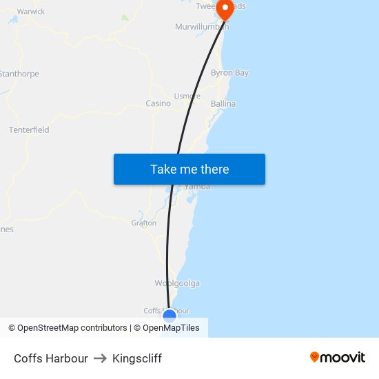 Coffs Harbour to Kingscliff map