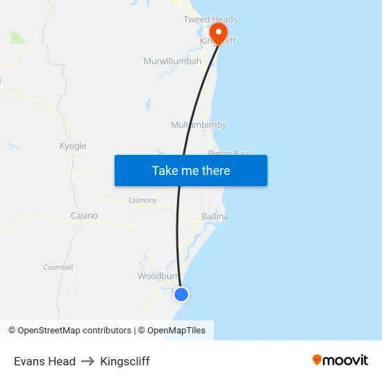 Evans Head to Kingscliff map