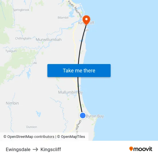 Ewingsdale to Kingscliff map