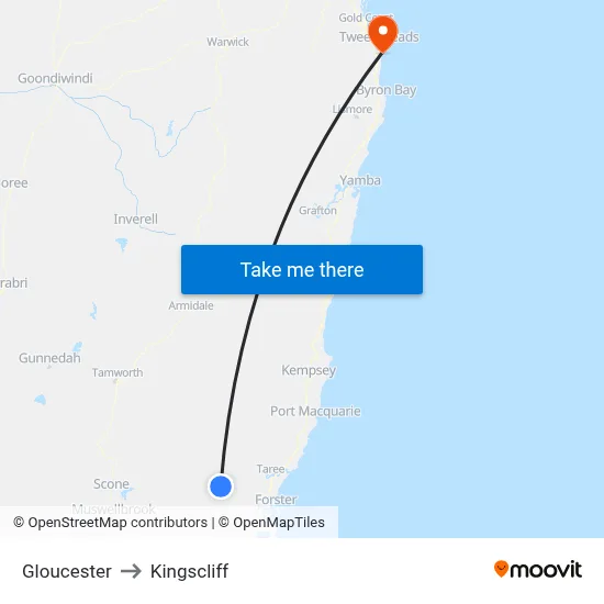Gloucester to Kingscliff map