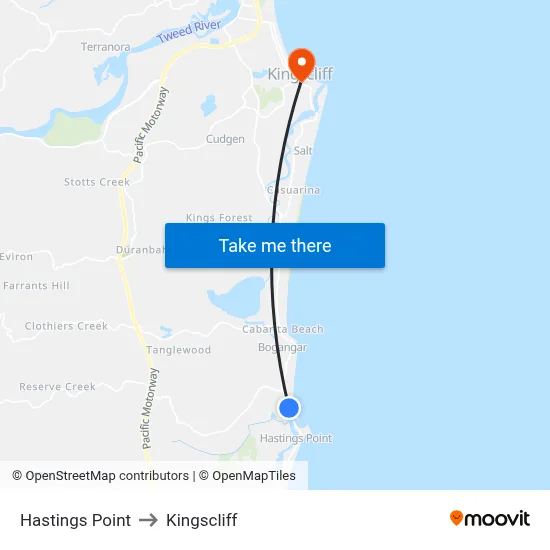 Hastings Point to Kingscliff map