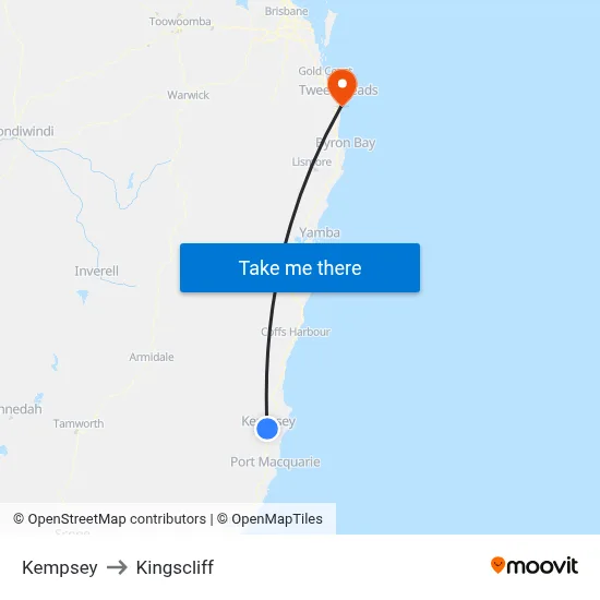 Kempsey to Kingscliff map