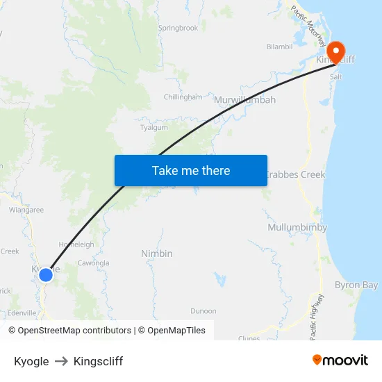 Kyogle to Kingscliff map