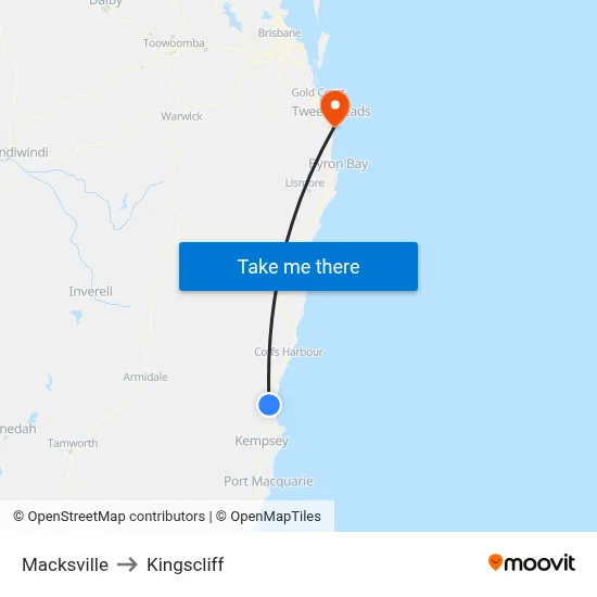 Macksville to Kingscliff map