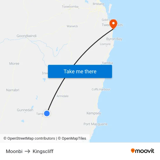 Moonbi to Kingscliff map