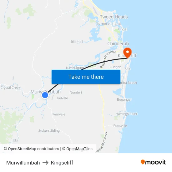 Murwillumbah to Kingscliff map