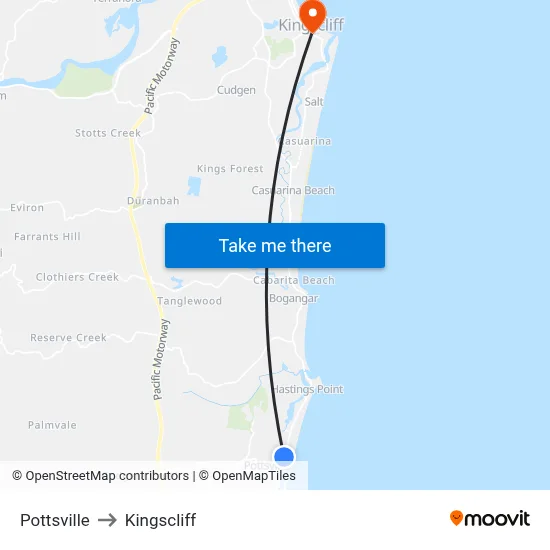 Pottsville to Kingscliff map