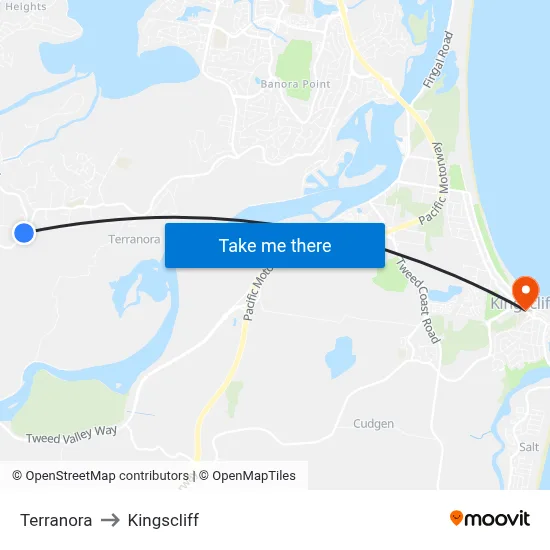 Terranora to Kingscliff map
