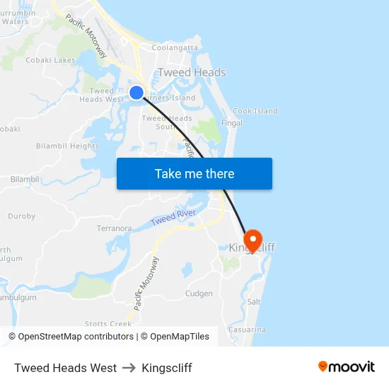 Tweed Heads West to Kingscliff map