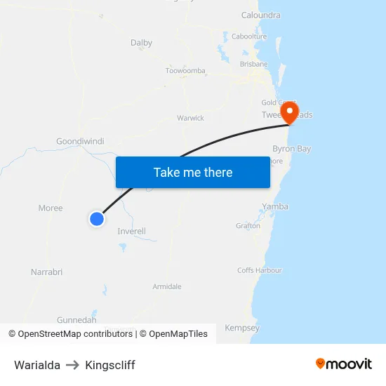 Warialda to Kingscliff map