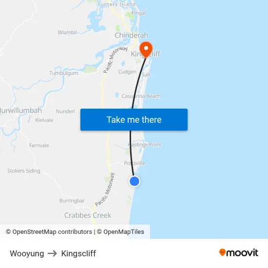 Wooyung to Kingscliff map