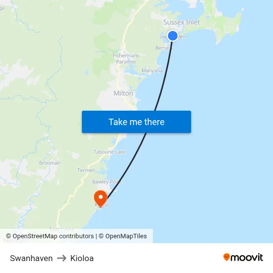 Swanhaven to Kioloa map