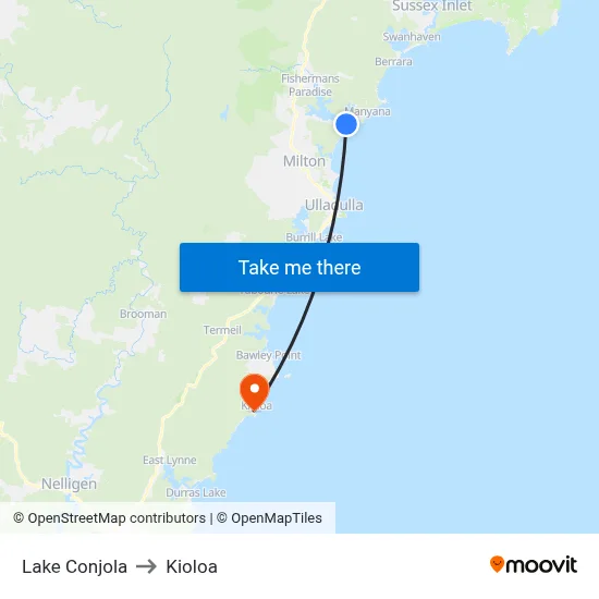 Lake Conjola to Kioloa map
