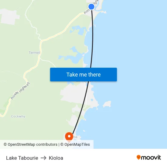 Lake Tabourie to Kioloa map