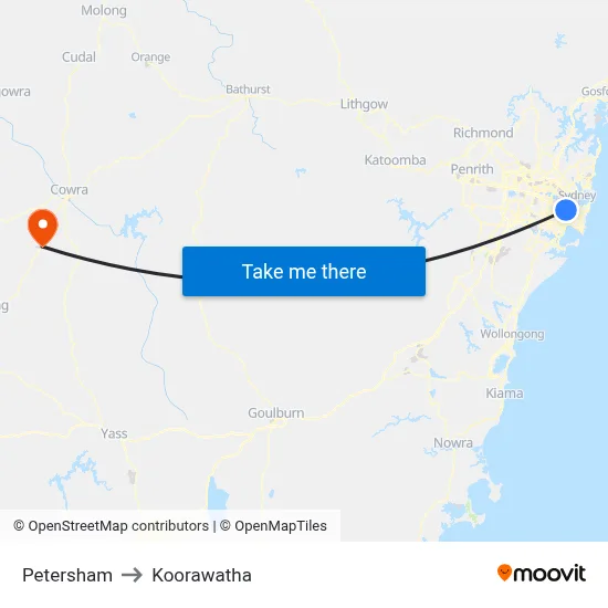 Petersham to Koorawatha map