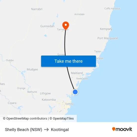 Shelly Beach (NSW) to Kootingal map