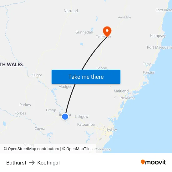 Bathurst to Kootingal map