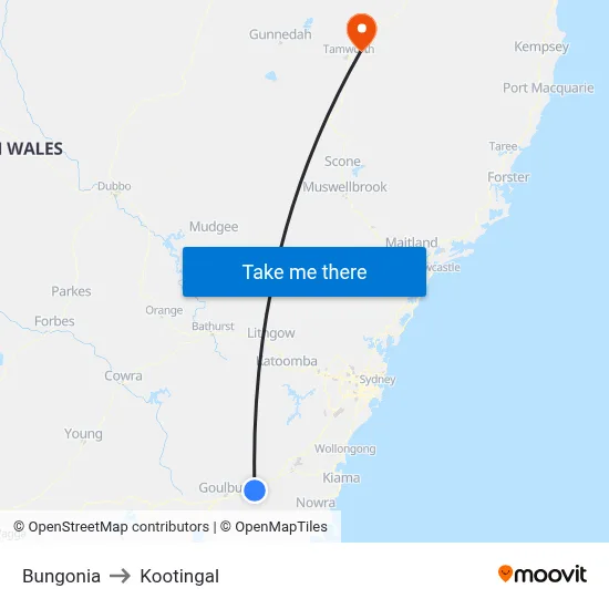 Bungonia to Kootingal map