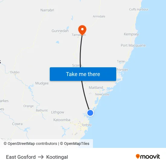 East Gosford to Kootingal map