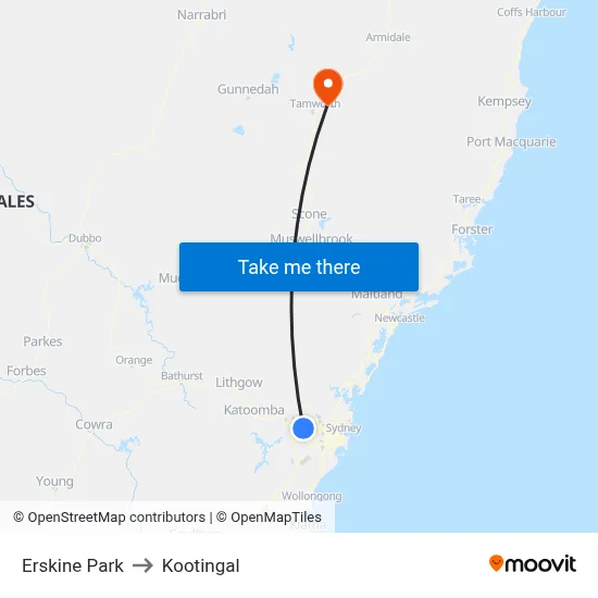 Erskine Park to Kootingal map