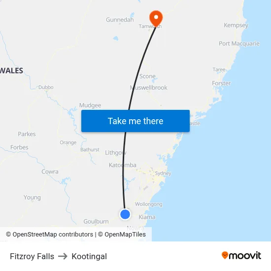 Fitzroy Falls to Kootingal map