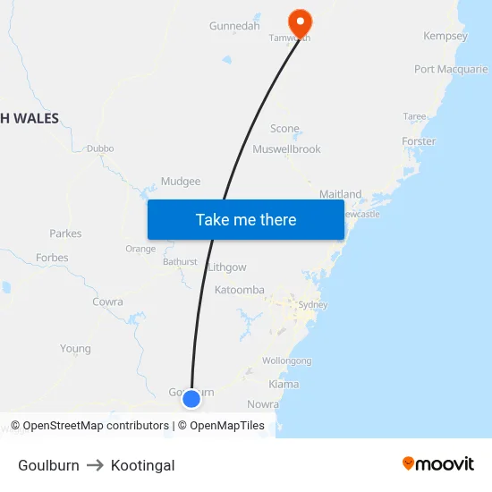 Goulburn to Kootingal map