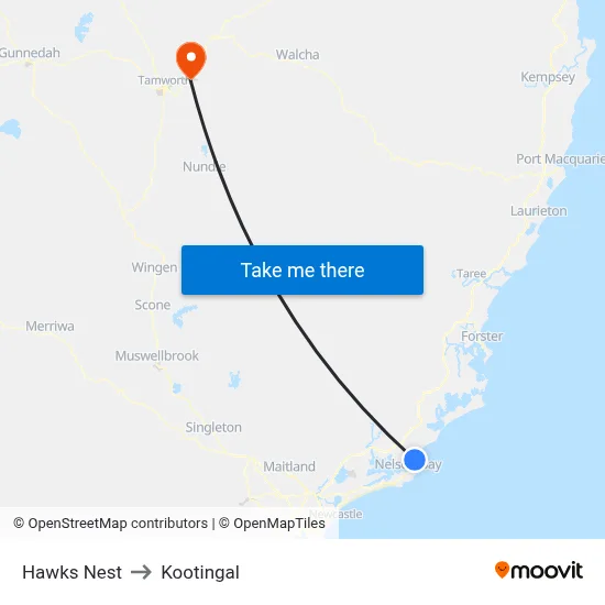 Hawks Nest to Kootingal map
