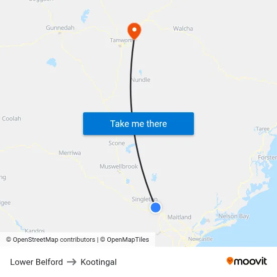 Lower Belford to Kootingal map