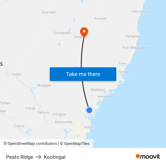 Peats Ridge to Kootingal map