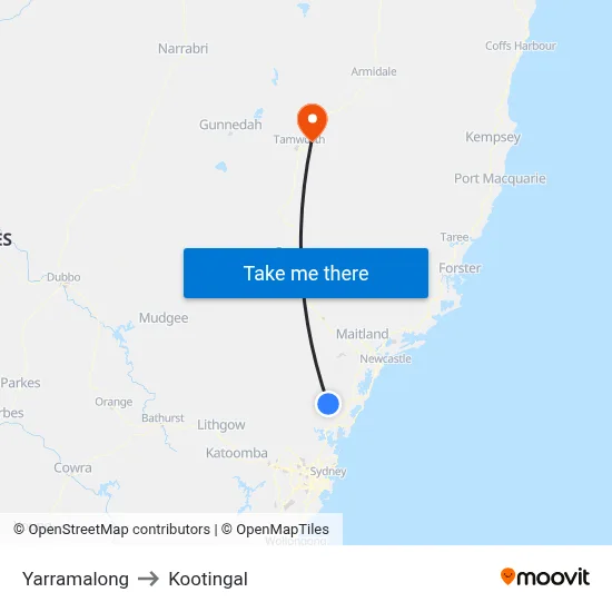 Yarramalong to Kootingal map
