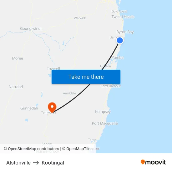 Alstonville to Kootingal map