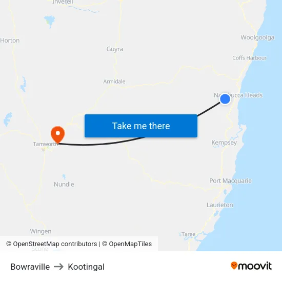 Bowraville to Kootingal map