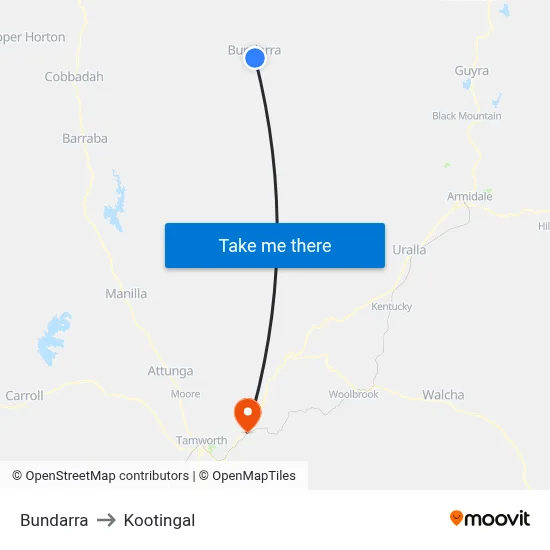 Bundarra to Kootingal map