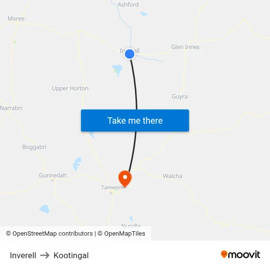 Inverell to Kootingal map
