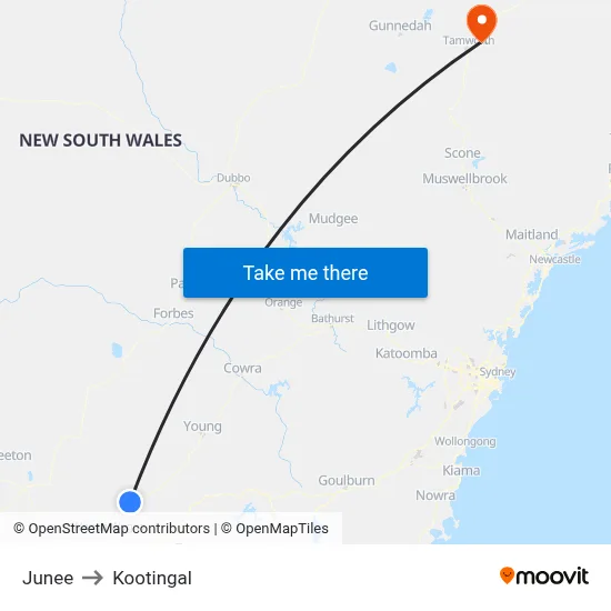 Junee to Kootingal map