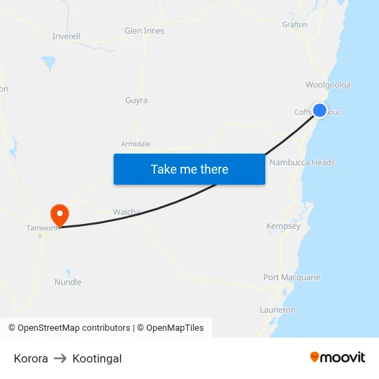Korora to Kootingal map
