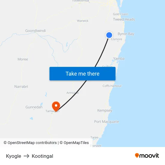 Kyogle to Kootingal map