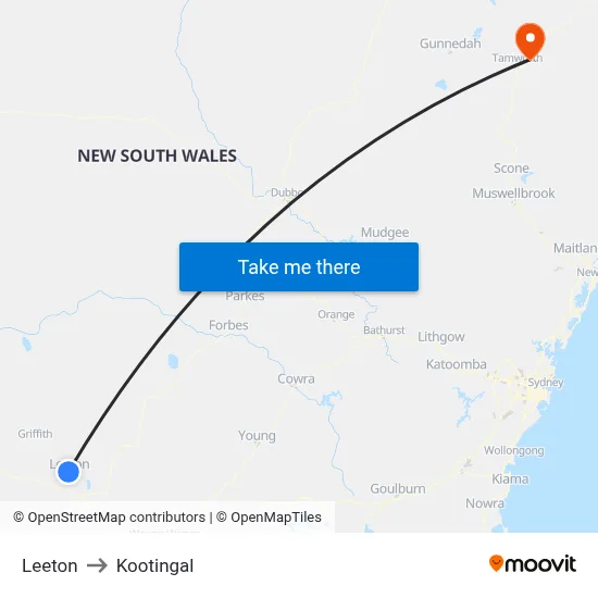 Leeton to Kootingal map